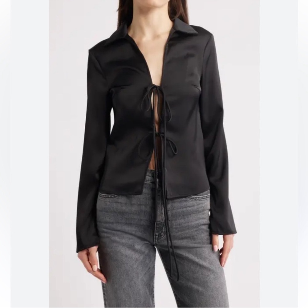 A New Day Women’s Satin Small Black Tie Front Blouse Shirt Top  Black NWT